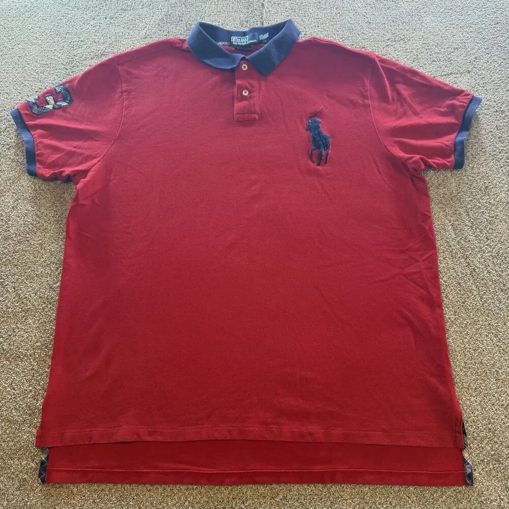 Polo Ralph Lauren Big Pony Men's XXL Solid Red/Blue Short Sleeve Polo Shirt READ